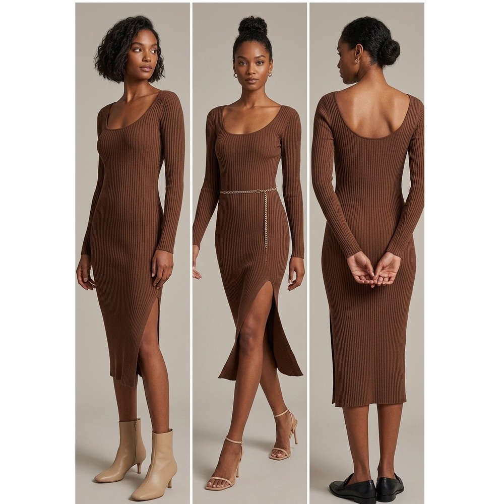 L'Academie Womens Nessa Sweater Midi Dress Ribbed Knit Scoop Neck Brown Size M